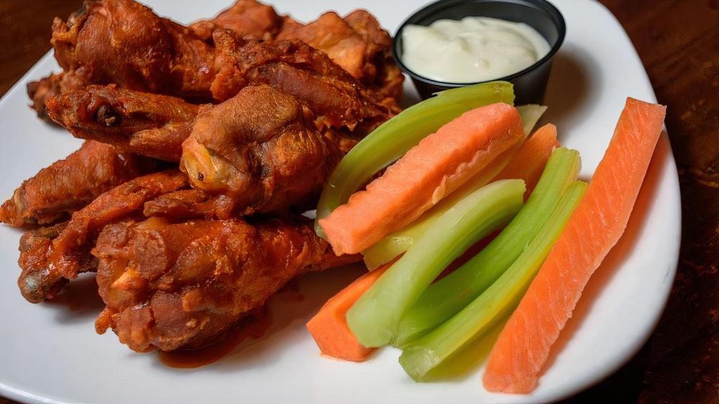 Buffalo Wings · Jumbo wings prepared with buffalo sauce and served with bleu cheese.