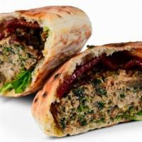 -Turkey Burger Pita · Spinach & Feta Turkey Burger w/ Turkey Bacon and Arugula in a Pita
