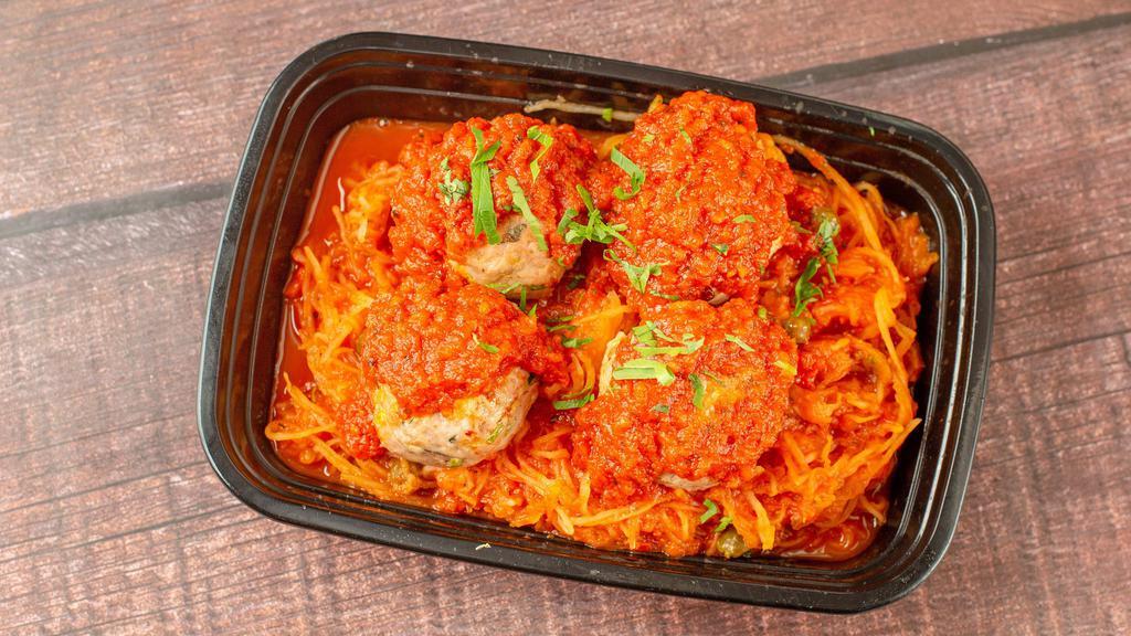 Spasta Bowl + Meatballs Or Patty · Paleo, whole-30, nut-free and gluten-free. Roasted spaghetti squash with grass-fed paleo beef meatballs.