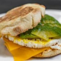 Avocado And Egg Sandwich · Fresh egg, avocado, and tomato on an english muffin