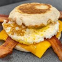 Bacon And Egg Sandwich · Bacon, fresh egg, and cheddar cheese on an english muffin.