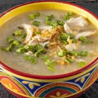 Aroz Caldo (Chicken Rice Porridge) 16Oz · Rice porridge with chicken strips, ginger, scallion, and fried garlic