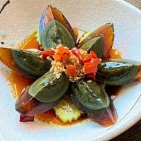 Century Egg With Pickled Peppers泡椒皮蛋 · Vegetarian, Preserved duck egg with pickled pepper.