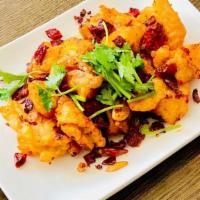 Crispy Fish Fillet香辣魚片 · Crispy fried fish fillet, sautéed with fried red chili, decorated with cilantro. Rice not in...