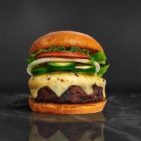 Jalapeno Burger · Half pound beef patty topped with melted cheese, jalapenos, lettuce, tomato, onion, and pick...