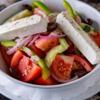 Country Greek Salad. · Beefsteak tomatoes, cucumber, red onion, bell peppers, kalamata olives, oregano, barrel aged...