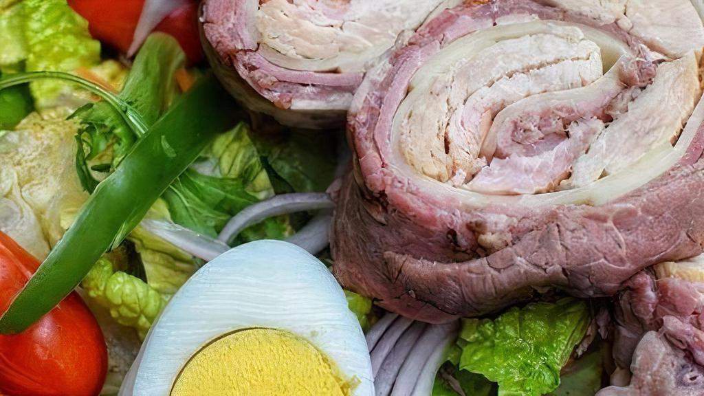 Chef'S Salad. · Turkey, ham, roast beef, swiss, hard boiled egg, tomato, mixed greens with Russian dressing.