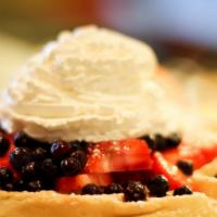 Berries & Cream Waffle · Fresh strawberries, blueberries, whipped cream.