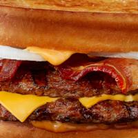 Double Bacon Smash Cheeseburger Combo · Two smash burger patties with bacon, cheddar cheese, lettuce, tomatoes, onion, pickles, and ...
