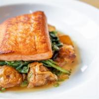 Roasted Scottish Salmon · Roasted yukon baby potatoes, cremini mushrooms, wilted flat-leaf spinach, citrus-brown butte...