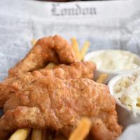 Fish And Chips · Lessing's local ale battered cod, old bay fries, coleslaw, tartar sauce, vinegar.