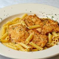 Chicken Francese · Chicken breast sautéed with white wine, butter and lemon.