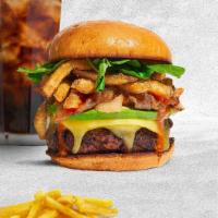 Eyes On The Fries Burger · Sirloin beef patty topped with fries, avocado, caramelized onions, ketchup, lettuce, roasted...