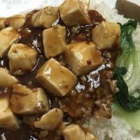 Ma Po Tofu · Spicy. Served with white rice, green vegetable, and soy egg.