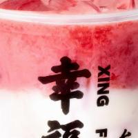 Strawberry Boba Milk · strawberry smoothie, handmade strawberry boba, organic whole milk.