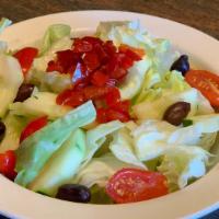 House Salad Regular · Iceberg lettuce, cucumbers, grape tomatoes, kalamata olives and roasted red peppers. Served ...