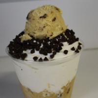 Chocolate Chunk Doughnado · Chocolate Chunk Cookie Dough layered between soft serve ice cream topped with chocolate chips!