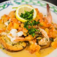 Garlic Shrimp (5) · sautéed jumbo shrimp with garlic, diced roma tomatoes, capers, scallions and fresh herbs in ...