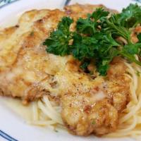 Chicken Francaise · egg battered and sautéed, finished with butter, white wine, and lemon.