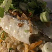 Snow Queen · Braised halibut in tangy coconut sauce with shiitake mushroom, carrots, rice pilaf
