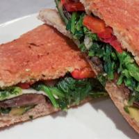 Terra Panini · Roasted portobello, broccoli rabe, roasted pepper, grilled zucchini, Asiago cheese on whole ...