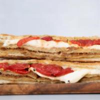 Sicilia Panini · Fried eggplant,  mozzarella, roasted peppers on krispina