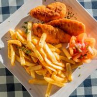Kids Chicken Fingers · Served with french fries.
