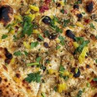 White Clam Pie · pecorino, peconic little neck clams, parsley, lemon zest, pickled banana peppers, calabrian ...
