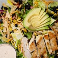 Cilantro-Lime Chicken · grilled cilantro-lime chicken breast, greens, corn, black beans, pico, olives, avocado, ched...
