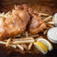 Fish & Chips · beer battered cod, coleslaw, tartar sauce, choice of crispy fries, salad, or extra slaw