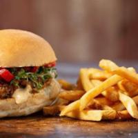 Homemade Veggie Burger · homemade black bean-brown rice patty topped with roasted peppers, jack cheese, and cilantro-...