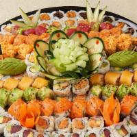 Large Platter · Chef choice of 4 fish specialty rolls, 2 vegetable specialty rolls, 6 fish sushi rolls and 3...
