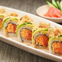 Leo Roll · Spicy tuna, spicy kani, crunch, layered with avocado, topped with fried onion &drizzled with...