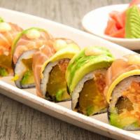 Chef Jacky Roll · Spicy salmon, avocado, pickles, crunch, wrapped with avocado and fresh salmon and maki-style.