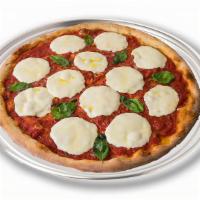 Margherita Pizza · Plum tomato sauce, fresh mozzarella, fresh basil, and drizzled with extra virgin olive oil.