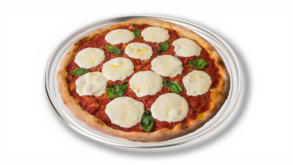 Margherita Pizza · Plum tomato sauce, fresh mozzarella, fresh basil, and drizzled with extra virgin olive oil.