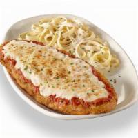 Fettuccini Alfredo With Chicken Parm · Fettuccine tossed with butter and Parmesan cheese with all natural chicken.