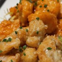 Rock Shrimp · Fried shrimp with assorted coatings of gochujang aioli and wasabi aioli.