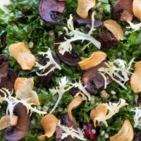 Organic Kale Salad · Kale, quinoa, cranberries, garlic chip, and miso dressing.