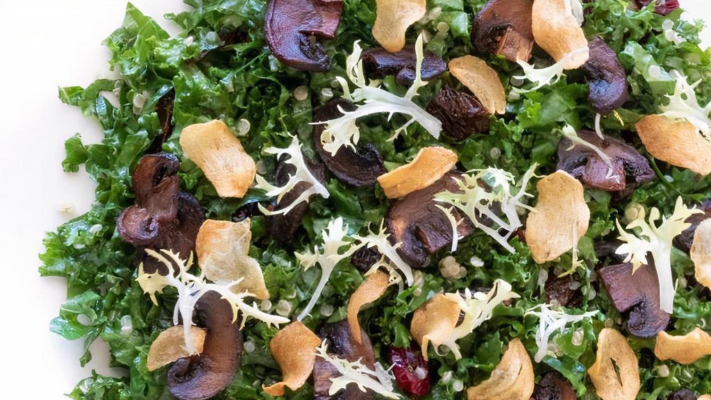 Organic Kale Salad · Kale, quinoa, cranberries, garlic chip, and miso dressing.