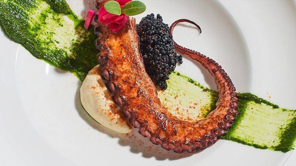 Octopus · Grilled Spanish octopus, salsa verde, squid ink quinoa, cauliflower puree.