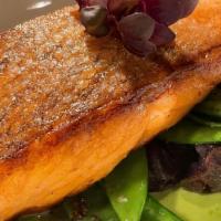 Salmon  · Sauteed wild salmon, Lemongrass beurre blanc, parsnip puree, crispy purple potatoes, string ...