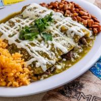 Steak Enchiladas · Three soft corn tortillas smothered with your choice of sauce and topped with chopped cilant...