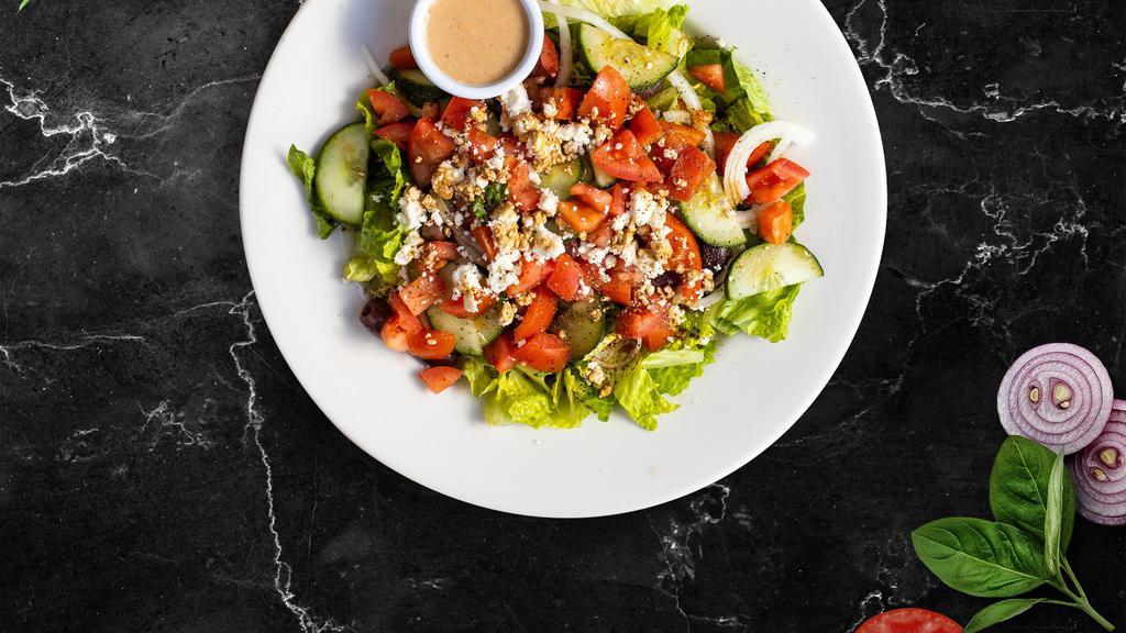 Greek Affairs Salad · (Vegetarian) Romaine lettuce, cucumbers, tomatoes, red onions, olives, and feta cheese tossed with balsamic vinaigrette dressing.
