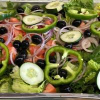 Garden Salad · Romaine and Iceberg Mix, Tomatoes, Carrots, Onions, Black Olives, Green Pepper
