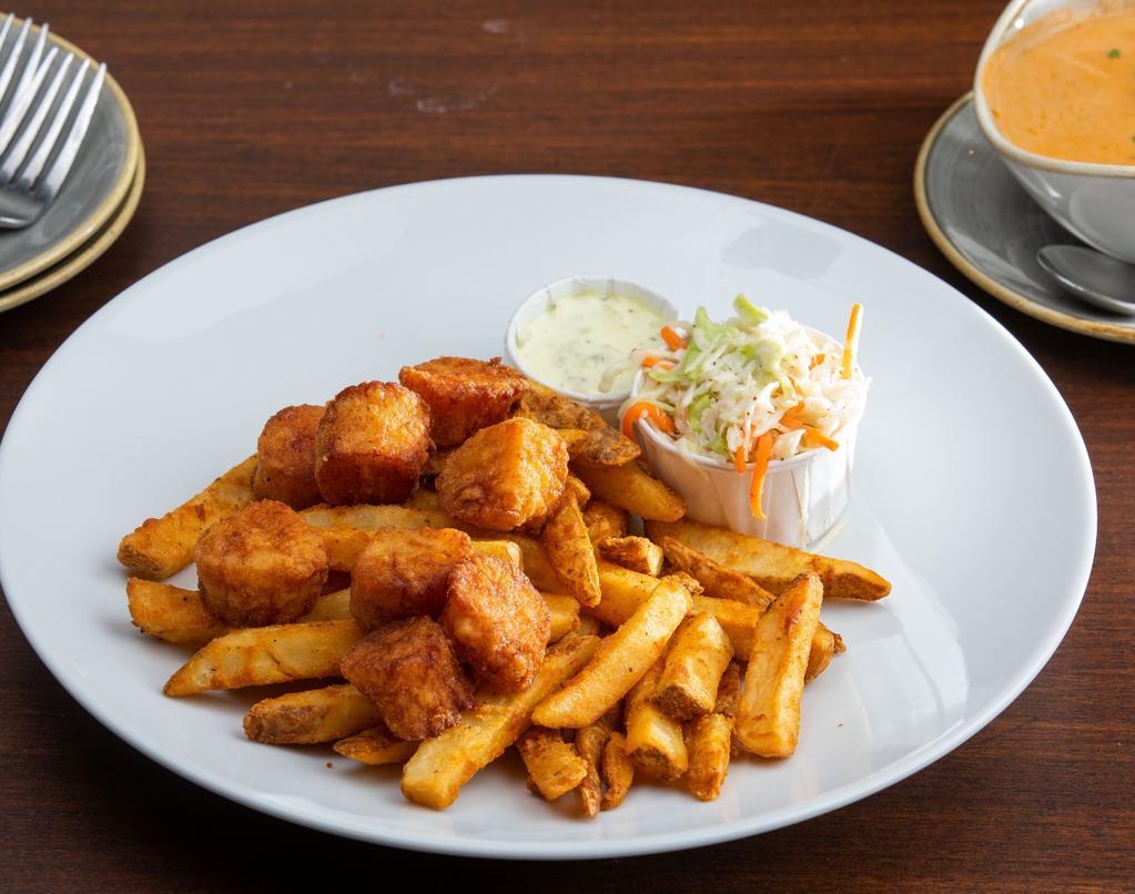 Crispy Fried North Atlantic Sea Scallops · served with french fries and coleslaw