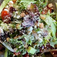 Greek Salad · tomato, cucumber, feta, chickpeas, Kalamata olives, lemon-oregano vinaigrette