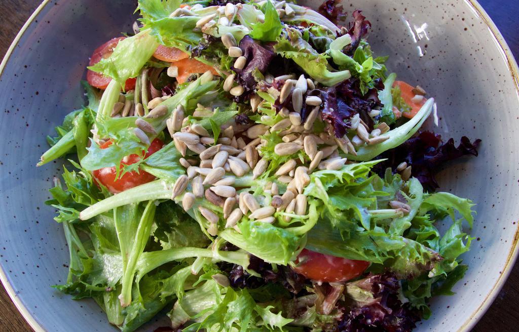 House Salad · local organic leaf lettuce, tomato, cucumber, carrot, sunflower seeds