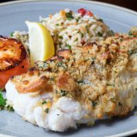 New England Baked Haddock - Anna'S Way · buttered crumbs, roasted tomato, herbed rice pilaf, broccoli