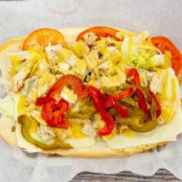 Italian Grilled Chicken Roll · Grilled chicken, melted mozzarella cheese, roasted peppers, tomato, and honey mustard on a t...